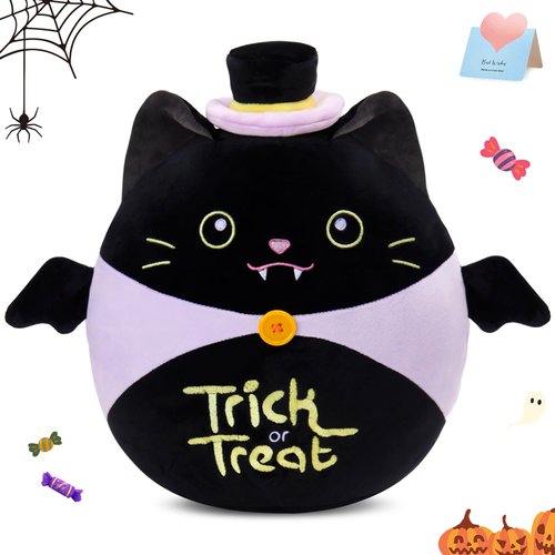 WEWILL 12'' Halloween Black Cat Soft Plush Pillow Halloween Black Kitty Bat Stuffed Animal Gift for Toddler Kids Boys Girls