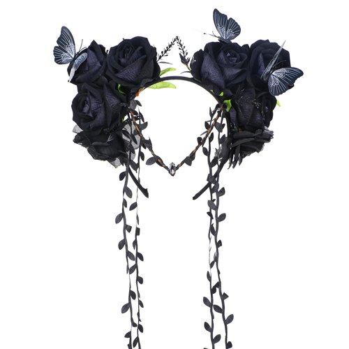 MOSTORY Black Flower Crown Headband - Handmade Gothic Floral Headpiece with Butterfly Dark Fairy Crown for Women Girls Renaissance Party Cosplay Carnival Mardi Gras
