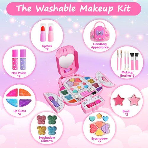 Topsolid Kids Makeup Kit for Girl, Real Washable Makeup for Kids with Mirror, Kids Makeup Sets for Girls 5-8, Princess Toys Cosmetic Set, Christmas & Birthday Gifts Toys for 3 4 5 6 7 8 Year Old Girls