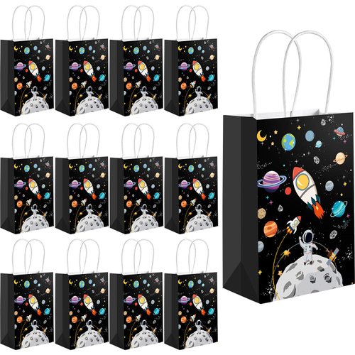 12 Pack Outer Space Gift Bags Kids Treat Bags with Handles Planet Galaxy Party Favor Goodie Bags Paper Treat Bags for Kids Birthday Space Theme Party Supplies