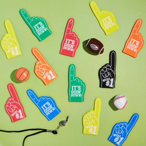 Okuna Outpost 24-Pack Mini Foam Fingers for for Sports-Themed Birthday, Mini Party Favors, Game Day Supplies, Mini Foam Hand Fingers It's Going Down, We're #1 (6 Colors, 5.5 in)