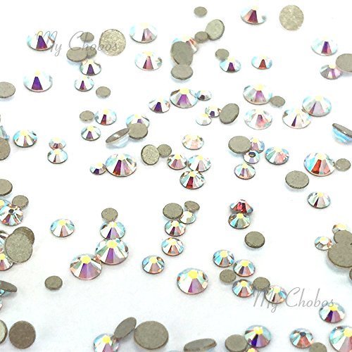 CRYSTAL AB (001 AB) Tiny small sizes mixed with Swarovski 2058 Xilion Rose flatbacks sizes ss3, ss5, ss6, ss7, ss9, ss10 No-Hotfix rhinestones nail art 144 pcs (1 gross) from Mychobos