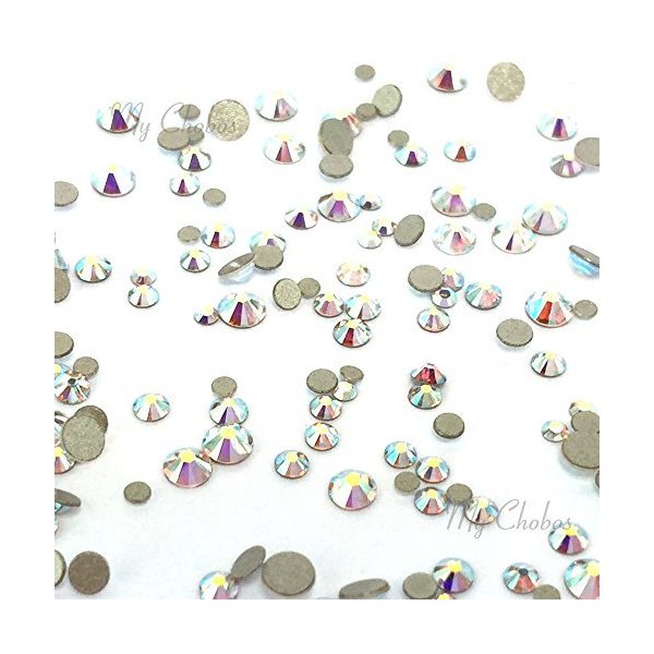 CRYSTAL AB (001 AB) Tiny small sizes mixed with Swarovski 2058 Xilion Rose flatbacks sizes ss3, ss5, ss6, ss7, ss9, ss10 No-Hotfix rhinestones nail art 144 pcs (1 gross) from Mychobos