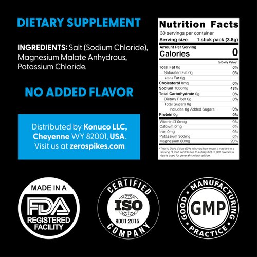 Zerospike No Sugar Electrolytes Powder Packets | Keto & Fasting Salts Drink Mix | Supplements: The Key Hydration Nutrients Missing from Purified Water | Clean, Unflavored, Calorie Free | 30 Sticks