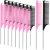 18 Pieces Parting Comb for Braids, Rat Tail Comb Stainless Steel Pintail Comb Teasing Combs for Hair Cutting Hair Styling Hairdressing (Black, Pink)