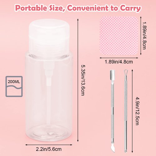 1080 + 3 Pcs Lint Free Nail Wipes Kit, Disposable Nail Polish Remover Pads Non-Woven Nails Eyelash Extensions Wipes, Nail Polish Remover Wipes with 200 ML Bottle, 2 Pcs Cuticle Pusher (Pink)