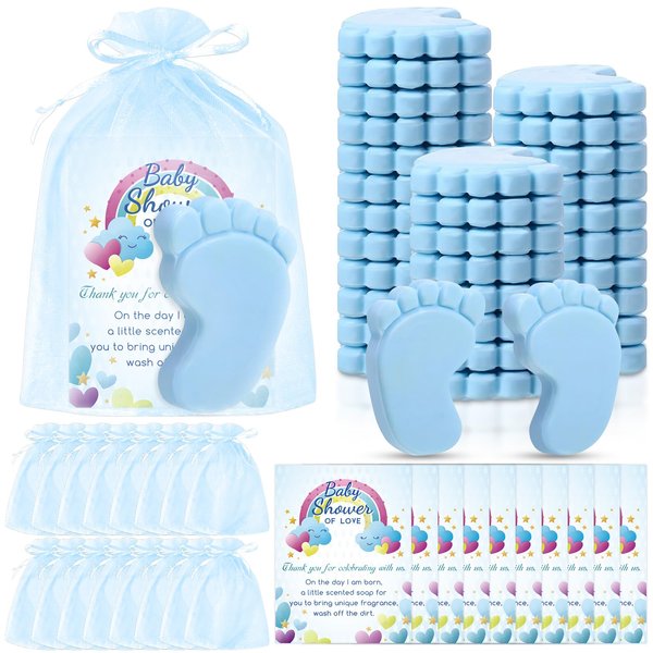 30 Sets Baby Shower Favors Refreshing Foot Soap Perfect Baby Shower Favors for Guests, Gifts, and Prizes with Organza Bags Thanks Cards (Blue)