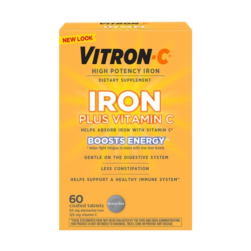 Vitron-C Iron Supplement, Once Daily, High Potency Iron Plus Vitamin C, Supports Red Blood Cell Production, Dye Free Tablets, 60 Count