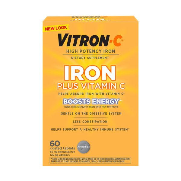 Vitron-C Iron Supplement, Once Daily, High Potency Iron Plus Vitamin C, Supports Red Blood Cell Production, Dye Free Tablets, 60 Count
