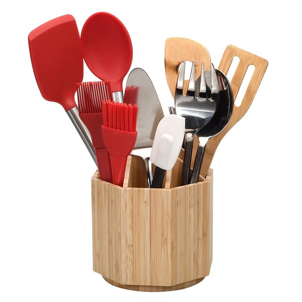 Bamboo Rotating Utensil Holder & Kitchen Organizer, Multiple Compartments, 8 Sections, store Forks, Serving Spoons, Knives, and other cooking tools with Removable Divider for Customized Storage