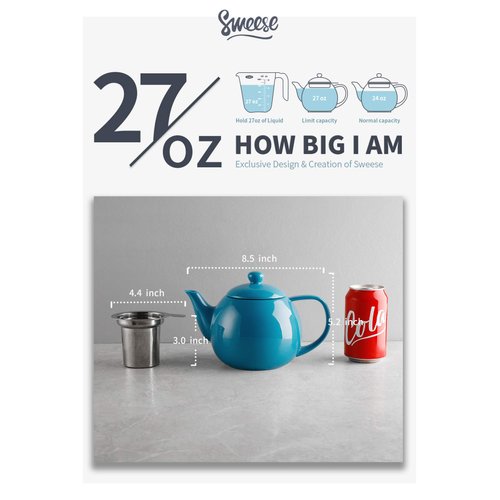 Sweese Teapot, Porcelain Tea Pot with Stainless Steel Infuser, Blooming & Loose Leaf Teapot - 27ounce, Steel Blue