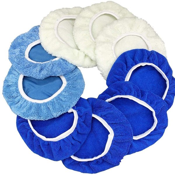 9 to 10 Inches 9Pcs Buffer Waxers Bonnet Set Polishing Pads Car Wax Cover Kit - 4 Microfiber, 3 Coral Fleece, 2 Woolen, for Orbital Buffer Polisher