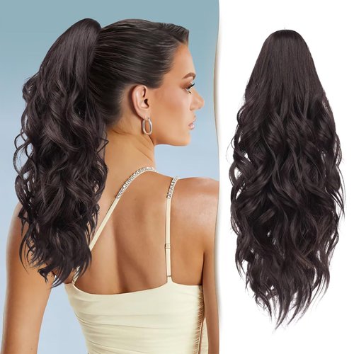 Sidaila 18" Curly Claw Clip Ponytail Extension Wavy Long Clip in Hair Extensions Natural Fake Hair Ponytails Synthetic Ponytail Wig Jaw Clip On Pony Tails for Women - Dark Brown Hair Extensions