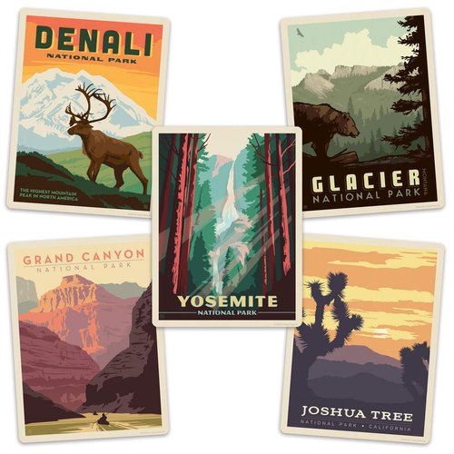 Retro Planet.com - Great National Parks Vinyl Sticker Set, Yosemite Denali Grand Canyon, Travel Decals, Laptop, Car, Luggage, Notebook, Water Bottle, Vintage Style (Set of 5), 3.5 x 5 in