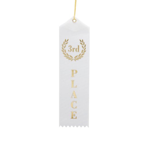 3rd Place (White & Gold) Award Ribbons with a Card & String (24 Pack)