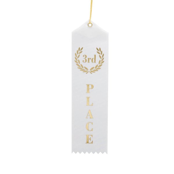 3rd Place (White & Gold) Award Ribbons with a Card & String (24 Pack)