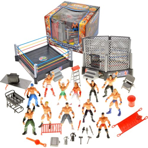 PowerTRC 2 Pack 32 Pieces Wrestling Toys, Wrestler Play Set with 2 Wrestle Rings (Hexagon & Square), 12 Wrestlers, 18 Accessories, Toy Figures Cake Topper Birthday Party Decoration Gift Toy for Kids