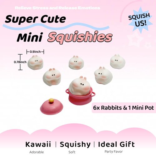 Peajour Squishies- 7pcs Mochi Squishy Kit, Kawaii Mochi Toys for Party Favors, Mini Squishies for Easter Eggs, Classroom Prizes, Birthday Goodie Bags, Christmas Stocking, Pinata, 6 Rabbits & Mini Pot