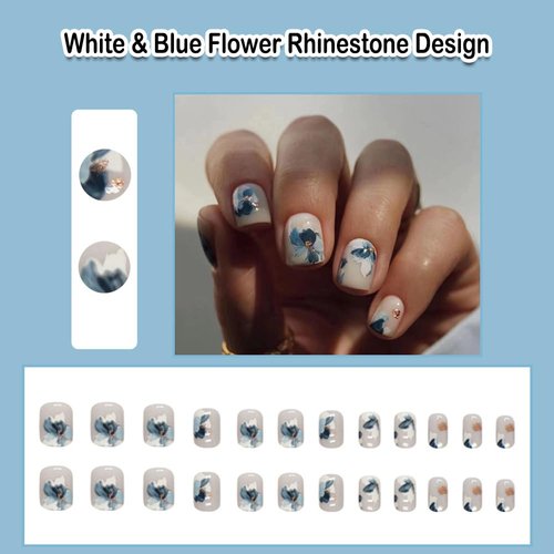 ANDGING White Press on Nails Square Extra Short Glue on Nails with Blue Flower Rhinestone Design Gel Acrylic Fake Nails for Wedding Birthday False Nails Women Manicure Stick on Nail with Glue DA858O