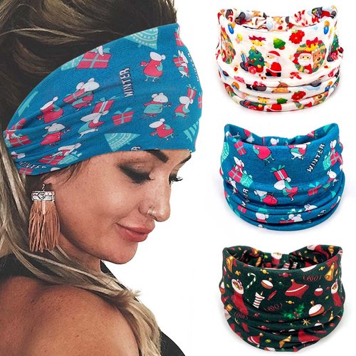 Bohend Christmas Headbands Stretch Knotted Headbands 3Pcs Head Bandana Non Slip Elastic Snowman Head Bands Workout Yoga Sweatband Hair Accessories for Women and Girls (E)