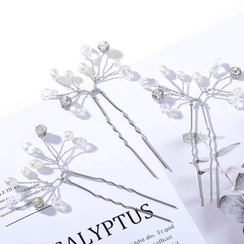 Barode Rhinestones Wedding Hair Pins Pearl Bridal Hair Accessories Crystal Bride Headpieces for Women and Girls (Pack of 3)