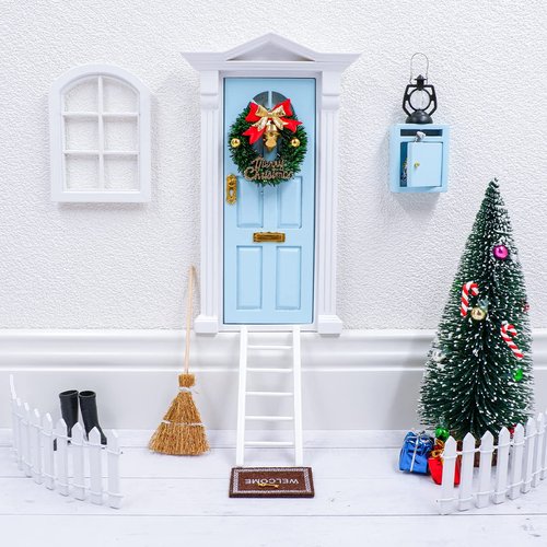 CAILESS Dollohouse Door Kit - 19pcs Miniature Fairy Door with Christmas Tree and Christmas Mini Accesories Wooden Door Christmas Dollhouse Furniture DIY Craft Gift for Kids (Blue)