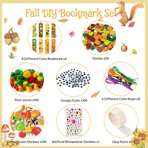 X1zuue 32 Sets Fall DIY Bookmarks Craft Kit AutumnBlank Bookmark with Maple Leaf Wiggle Eyes Foam Stickers Pom-pom Art Reading Rewards Gift Fall Thanksgiving Party Decorations Favors Supplies for Kids