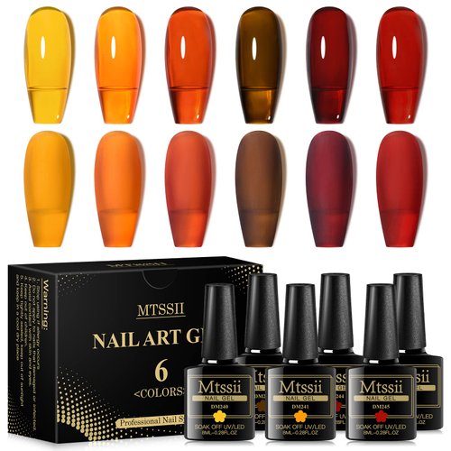 MTSSII Jelly Crystal Gel Nail Polish Translucent Tortoise Shell Nails Wine Burgundy Red Coral Caramel Orange Amber Brown Grey Fall Autumn 6 Colors Soak Off UV LED Manicure Art Kit For DIY Home