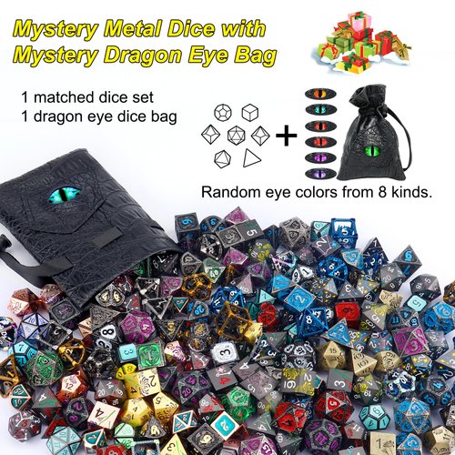 Haxtec Mystery Dice Bag with Metal Dice Set Dragon Eye Dice Pouch Drawstring PU Leather Dice Holding D&D Dice Dungeons and Dragons Accessories DND Gifts Stocking Stuffers
