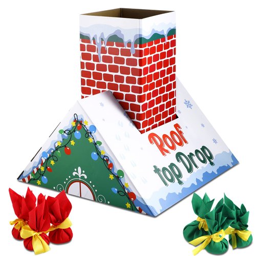 Eaasty Christmas Bean Bag Toss Drop Game Cardboard Chimney Cornhole Set Christmas Party Games with 6 Toss Toy Bags for Outdoor Lawn Adults Family