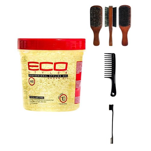 Eco Style Styling Gel, Argan Oil, 24 Ounce (Including Double Sided Edge Control Hair Brush, Detangling Wide Tooth Comb Set & 100% Boar 2-Sided Club Brush) Eco Styler Hair Gel Kit