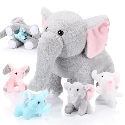 5 Pcs Plush Elephant Stuffed Animals with Babies, Mommy Elephant with 4 Plush Baby Soft Plush Elephants Animals Playset for Party Supplies, Favors, Decorations, Stocking Stuffers (Multicolor)