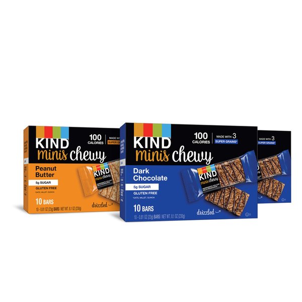 KIND Bar Minis Chewy Bar Variety Pack, 20 Dark Chocolate, 10 Peanut Butter, 100 Calories, Low Sugar, 30 Count