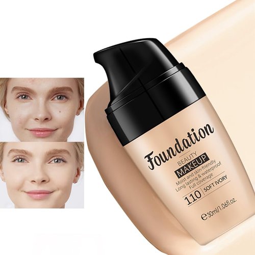 AKARY Flawless Finish Liquid Foundation, Moisturizer Long-Lasting Makeup Full Coverage Primer Makeup with Rose Essential Oil, Improves Uneven Skin Tone, Pore Minimizer, 1.06Fl Oz (110 Ivory Color)