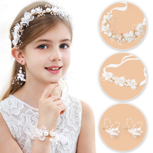ROTATE COLOR Flower Crown - Girl's Wedding Hair Accessory with Pearls, Headband for Communion, Party, Including Bracelets and Earrings (3 PCS)