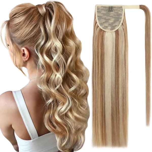 SEGO Pro Ponytail Extensions Human Hair Long Ponytail Hair Extensions with Magic Paste Wrap Around Clip in Ponytail Extensions Real Human Hair,14inch #12P613 Golden Brown mixed Bleach Blonde,80g