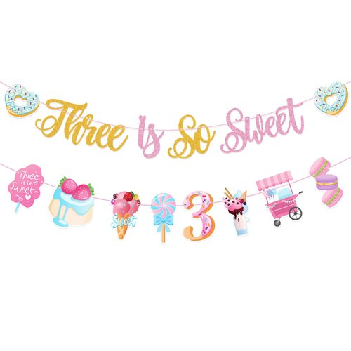 QAMEGX Three Is So Sweet Birthday Decorations - 3rd Sweet Party Banner with Donut, Ice Cream, Macaron Pink Theme Third Birthday Party Decor for Baby Girls 3 Year Old Birthday Supplies