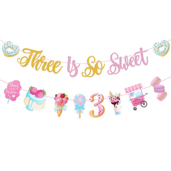 QAMEGX Three Is So Sweet Birthday Decorations - 3rd Sweet Party Banner with Donut, Ice Cream, Macaron Pink Theme Third Birthday Party Decor for Baby Girls 3 Year Old Birthday Supplies