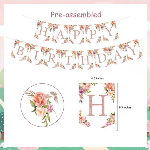 Rose Gold Floral Birthday Decorations for Women Girls - Floral Theme Glittery Happy Birthday Banner for Home Wall Mantel Window Birthday Party Supplies