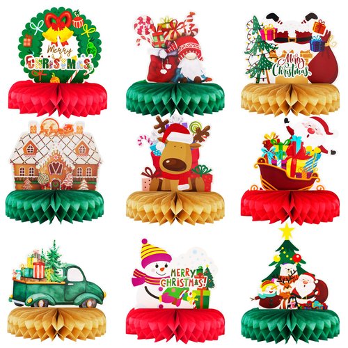 9 Pcs Christmas Party Honeycomb Centerpieces for Table Decorations, 3D Honeycomb Christmas Decorations Holiday Table Centerpieces with Santa Claus Snowman for Christmas Party Supplies Indoor