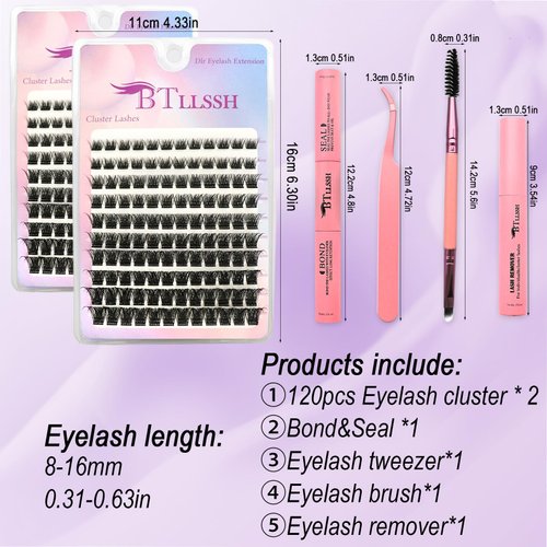 BTLLSSH Lash Extension Kit DIY 240pcs Lash Clusters Eyelash Extension Kit Individual Lashes Kit with Lash Bond & Seal Remover Lash Tweezers for Self Use (003B-0.31-0.63INCH-WildStyle)