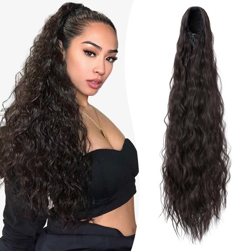Benehair Ponytail Extension, 32 Inch Long Dark Brown Drawstring High Puff Ponytail Hair Extensions for Women, Natural Soft Curly Wavy Synthetic Hairpiece for Daily Party Use (32", #6 Dark Brown)