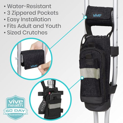 Vive Crutch Accessories Bag and Hand Grip Cushions, Water-Resistant Premium Pouch for Crutches, with Drink Holder Phone Holder, 3 Pockets, Lightweight
