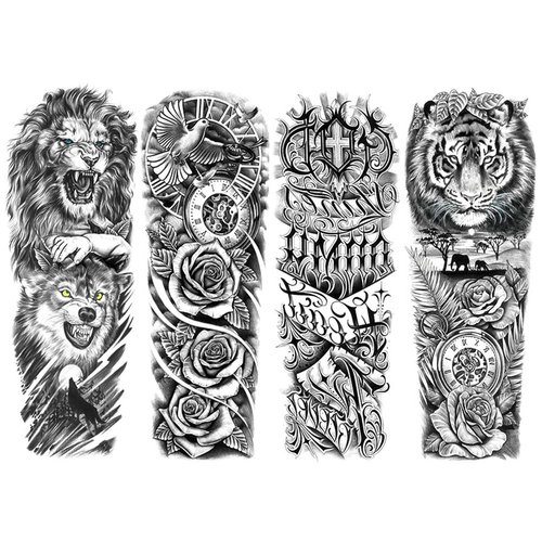 Oottati 4 Sheet Fake Sleeve Full Arm Temporary Tattoo Stickers Lion Wolf Pigeon Compass Clock Totem Tiger for Adult Men Women Makeup