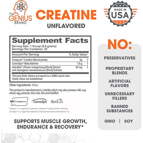 Genius Micronized Creatine Monohydrate Powder, Post Workout Supplement, Unflavored - 100% Naturally Flavored & Sweetened - Supports Muscle Building, Cellular Energy & Cognitive Function – 170g