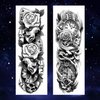 Oottati 4 Sheets Black Full Arm Flower Clock Mask Rose Gun Cross Body Art Temporary Tattoo Stickers