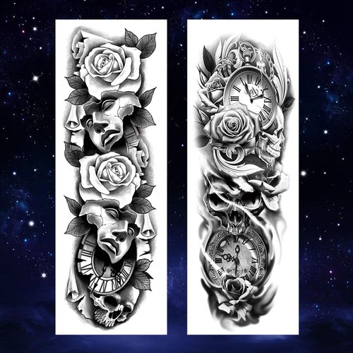 Oottati 4 Sheets Black Full Arm Flower Clock Mask Rose Gun Cross Body Art Temporary Tattoo Stickers