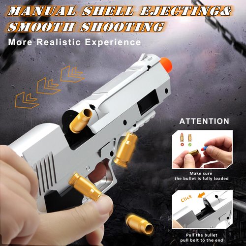 DaoDaoZhu Soft Bullet Toy Gun Shell Ejecting with 50 Bullets, Silver Toy Guns for Boys, Toy Pistol Fidget Gun, Realistic Play Gun Model, Halloween Christmas Birthday Gifts for Boys Kids Adults Age 8+