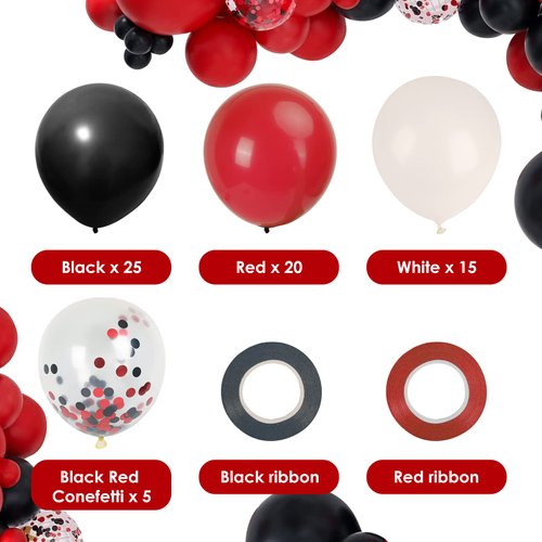 RUBFAC 65pcs 12 Inches Red Black White Balloons Kit, Black Red White Confetti Party Balloons with Ribbons for Birthday, Wedding, Baby Shower, Graduation Decorations