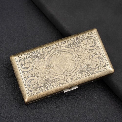 Retro Cigarette Case Victorian Style Metal Holder for Regular, King and 100's Size Credit Card Holder, Small with Etched Pattern (ET-S100, Antique Brass)